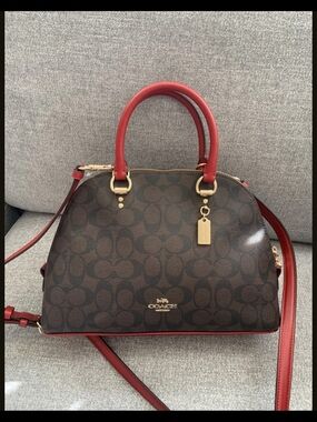 Coach Brown Signature Katy Satchel with Red Trim and Handles